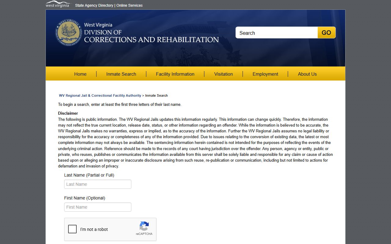 WV Regional Jail offender search form for last name and optional first name